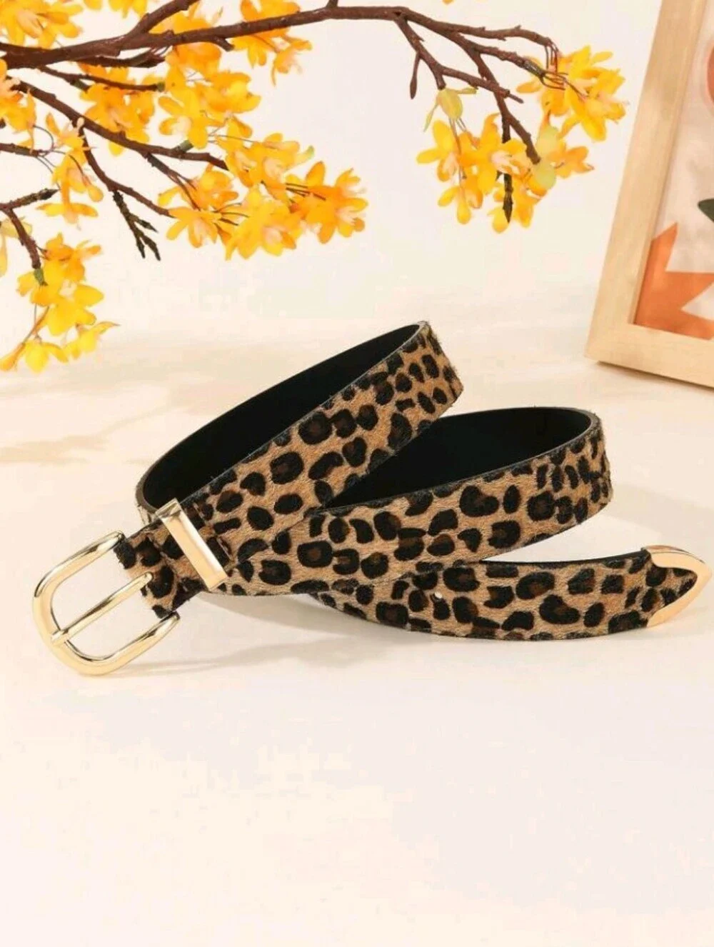 Leopard Print Faux Fur Vegan Leather Belt with Golden Buckle
